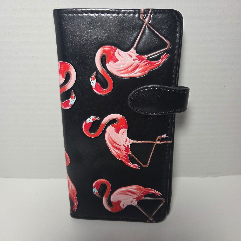 Vtg Shag Wear Flamingo Bifold Wallet Black Vegan Leather Tropical Y2K Pop Art